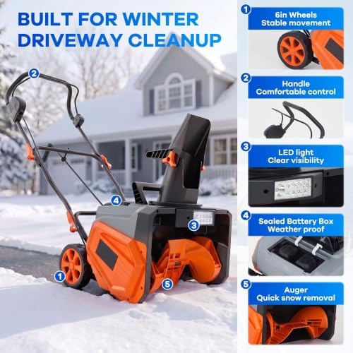 Garvee 40V 20" Cordless Snow Blower, Electric Snow Thrower Machine,Orange