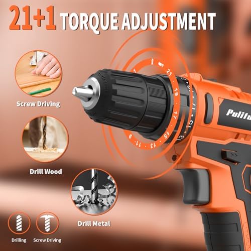 PULITUO 20V Cordless Drill Set, 2 Batteries Electric Screwdriver, 30Nm Power Drill Driver, 21+1 Torque, 2 Speed, 3/8"Keyless Chuck, power Drill with LED Light, Drill Driver Kit for Home (Orange)
