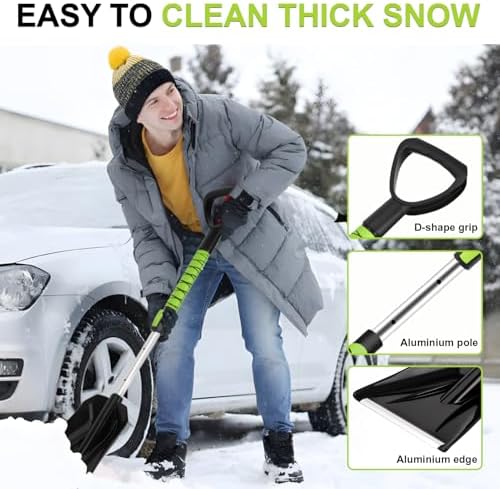 4 in 1 Ice Scraper & Snow Brush & Snow Shovel for Home Car, 43" Extendable Window Ice Removal with Squeegee for Windshield, Heavy Duty Snow Cleaner with Foam Grip & 180° Rotating Head for Auto