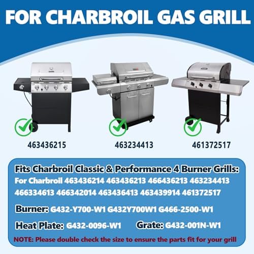 SafBbcue Grill Parts Kit for Charbroil 463436215 463436214 463436213 461334813 463234413 466436513 467300115 Grills Replacement Part, Cast Iron Cooking Gates, Heat Plate, Burner Tubes, G432-001N-W1