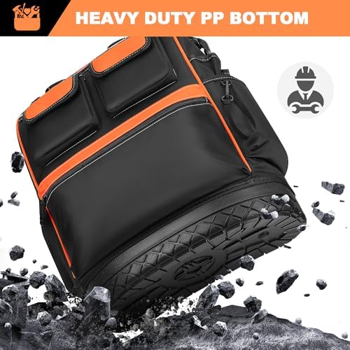LOKASS Tool Backpack Heavy Duty, 18.5 in, 56 Pockets, Molded Bottom, Orange
