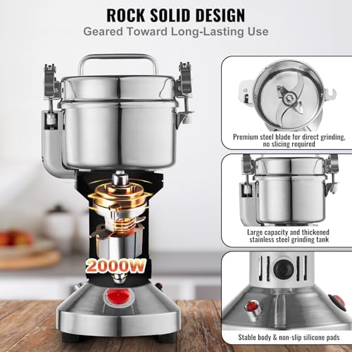 VEVOR 550g Electric Grain Mill Grinder, High Speed 2000W Commercial Spice Grinders, Stainless Steel Pulverizer Powder Machine, for Dry Grains Spices Cereals Coffee Corn Pepper, Straight Type