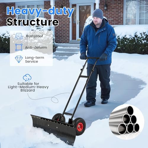DORTALA Snow Shovel with Wheels, 36” Wide Heavy-Duty Metal Snow Pusher with 7-Position Angled Blade, Adjustable Height Anti-Slip Handle for Double Driveway, Sidewalk, Black