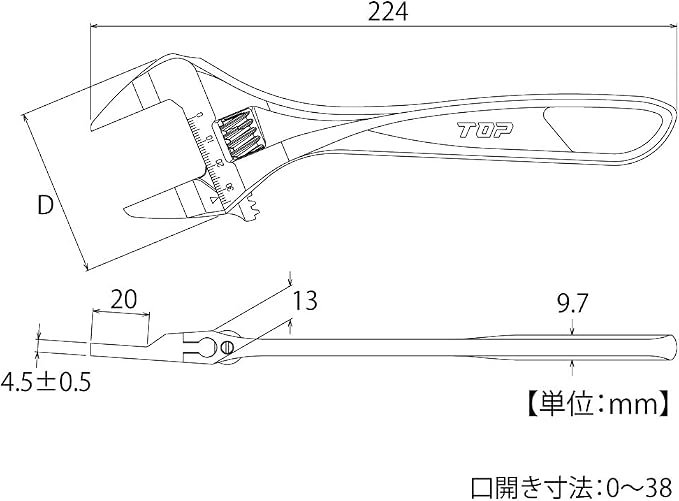 TOP HT-38 Thin Straight Monki, Rattle-Free Warm, Tip 0.18 inches (4.5 mm), Mouth Opening 0.04 - 1.5 inches (0 - 38 mm), Tsubamesanjo, Made in Japan