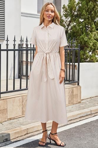 Newshows Women's Work Business Casual Outfits Tie Waist Midi Shirt Dress
