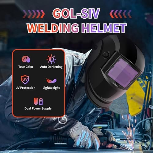 Welding Helmet Auto Darkening-Solar/Battery Powered-True Color -Wide View Screen Welding Mask-2 Arc Sensor, 0.1ms Response Time-Shade 9-13,For SMAW, MIG, TIG And Grinding