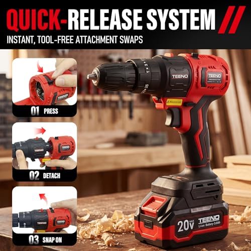 TEENO 20V Brushless Cordless Drill and Impact Driver Combo Kit, 2-in-1 Interchangeable Power Tool Set with 2x 1.5Ah Batteries, Fast Charger, 19 Pcs Drill Bits Accessories & Hard Storage Case