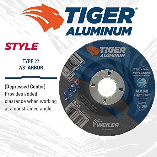 Weiler 58225 4-1/2 x 1/4 Tiger Aluminum Type 27 Grinding Wheel ALU24R 7/8 A.H (Pack of 10)