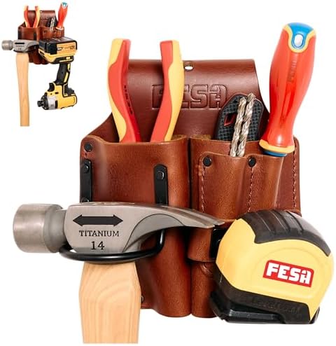 FESA Durable Leather Pliers Holster - Leather Double Plier Holder for Belt with Steel Hammer Holder, Tape Clip & 2 Carpenter's Pencil Pockets - Clip On Any Belt - Handcrafted