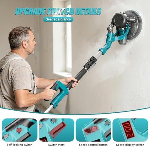 Drywall Sander, 1000W Popcorn Ceiling Removal Tool, Electric Drywall Sander with Vacuum Dust Collection & Digital Display Screen, 30Pcs Sanding Discs, 9 Variable Speed 800-2100RPM, Extendable Handle