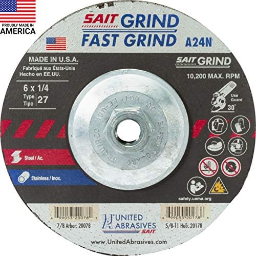 United Abrasives-SAIT 20178 A24N Fast Grinding Wheel 6" x 1/4" x 5/8-11" Type 27 with Super-Lock™ Hub, 10 Pack