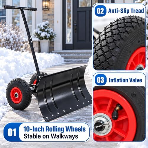 Snow Shovel with Wheels, 29.1" Wide Blade (Single Rod)