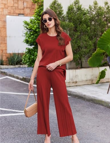 Ekouaer Lounge Sets for Women Two Piece Outfits Knit Cap Sleeve Tops Wide Leg Pleated Pants Casual Dressy Sweater Sets