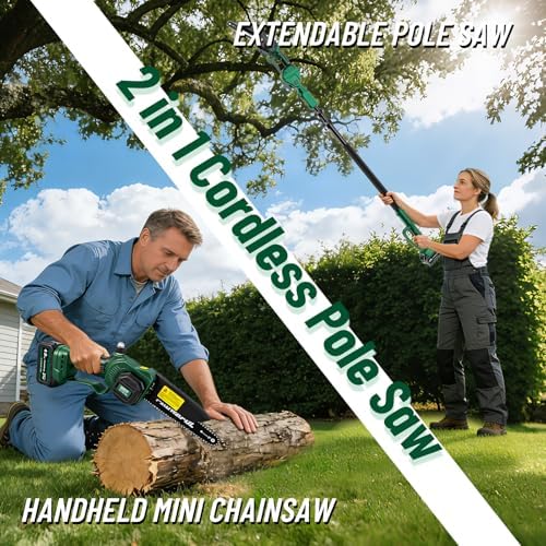 2-in-1 Electric Pole Saws for Tree Trimming, 8 Inch Cordless Mini Chainsaw with 15 FT Extension Pole, Pole Saw Battery Powered with 2*4.0Ah Battery, Tree Trimmer Pole Saw for Branch Cutting