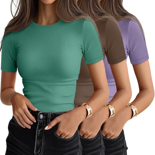 Ficerd 3 Pack Women's Ribbed Short Sleeve T-Shirts