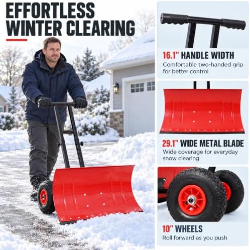 Snow Shovel with Wheels, for Efficient Snow Removal (Dual Bar - Black)