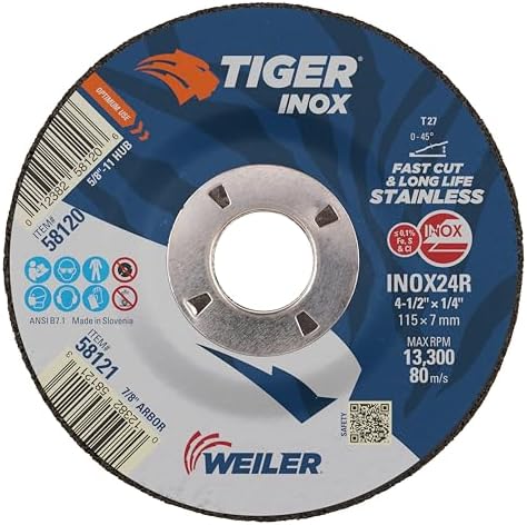 Weiler 58121 4-1/2" x 1/4" Tiger INOX Type 27 Grinding Wheel, INOX24R, 7/8" A.H. (Pack of 10)