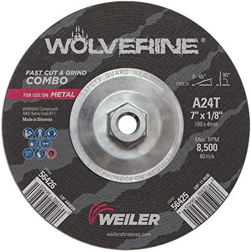 Weiler 56425 Wolverine Type 27 Cut and Grind Combo Wheel, A24T, 5/8" 11 UNC Nut, 7" x 1/8", Aluminum Oxide, 7" Diameter (Pack of 10)
