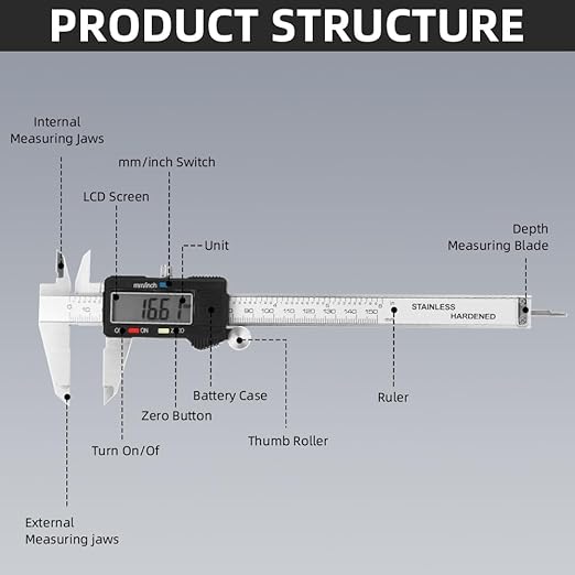 Digital Caliper Measuring Tool, Stainless Steel Vernier Caliper Digital, Micrometer Calipers with Large LCD Screen, Auto-Off Feature, Inch Millimeter Conversion, 6 Inch Caliper Tools for DIY/Household