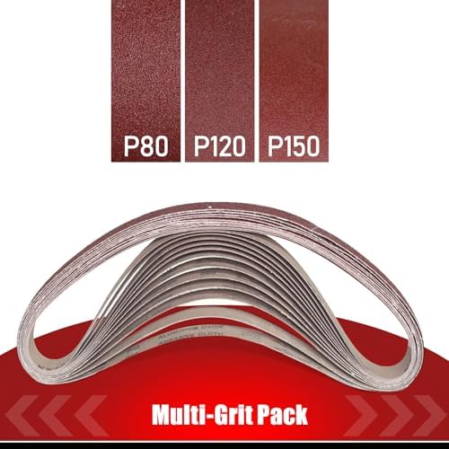 BOSHCRAFT 1 x 42 Inch Belt Sander Sanding Belt, 12 Pack Belt Sander Paper 80/120/150 Grits Assortment Aluminum Oxide Sanding Belts for Belt Sander Knife Sharpening Wood Metal Polishing