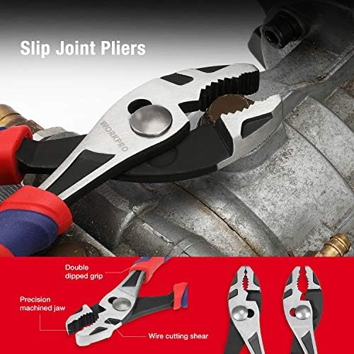 WORKPRO Pliers Set, Premium Cr-V Construction, Includes 6 Inch Slip Joint, Long Nose, Diagonal Cutting, 8 Inch Groove Joint, 7 Inch Linesman and Storage Pouch, for Basic Repair (Pack of 2)