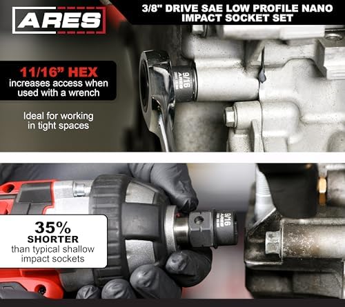 ARES 29019 10-Pc 3/8in SAE Nano Sockets, Low Profile, w/Rail | Impact grade sockets offer greater clearance than typical shallow sockets