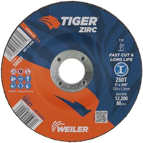 Weiler 58021 5 Inch Cutting Wheel, Tiger Zirc Steel/Metal Fast Cut & Long Life High Performance Cutting, .045" Z60T Type 27 7/8" Arbor, Pack of 25