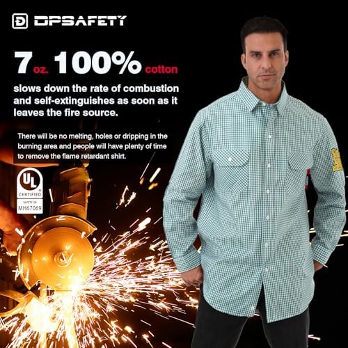 FR Shirts for Men 7oz Fire Resistant Shirts CAT2 Welding Shirt 100% Cotton Flame Resistant Shirt Greens/Plaid(Small)