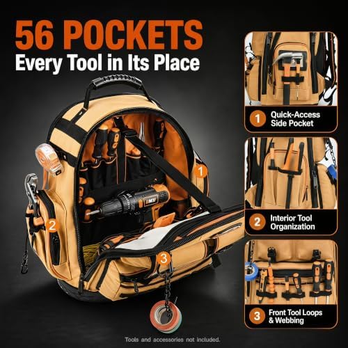 LOKASS Tool Backpack Heavy Duty, 18.5 in, 56 Pockets, Molded Bottom, Brown