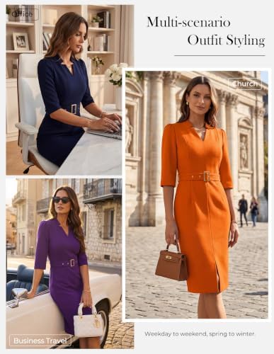 GRACE KARIN Women's Work Dress 3/4 Sleeve V Neck Bodycon Dress with Belt