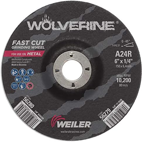 Weiler 56280 6" X 1/4" Wolverine Type 27 Grinding Wheel, A24R, 7/8" A.H. (Pack of 10)