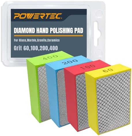 POWERTEC Diamond Hand Polishing Pads Assorted 60/100/ 200/400 Grits 4 Pack, Diamond Sanding Block for Polishing and Grinding Porcelain, Ceramic Tile, Glass, Granite, Stone, Wood & Metal (71907V)