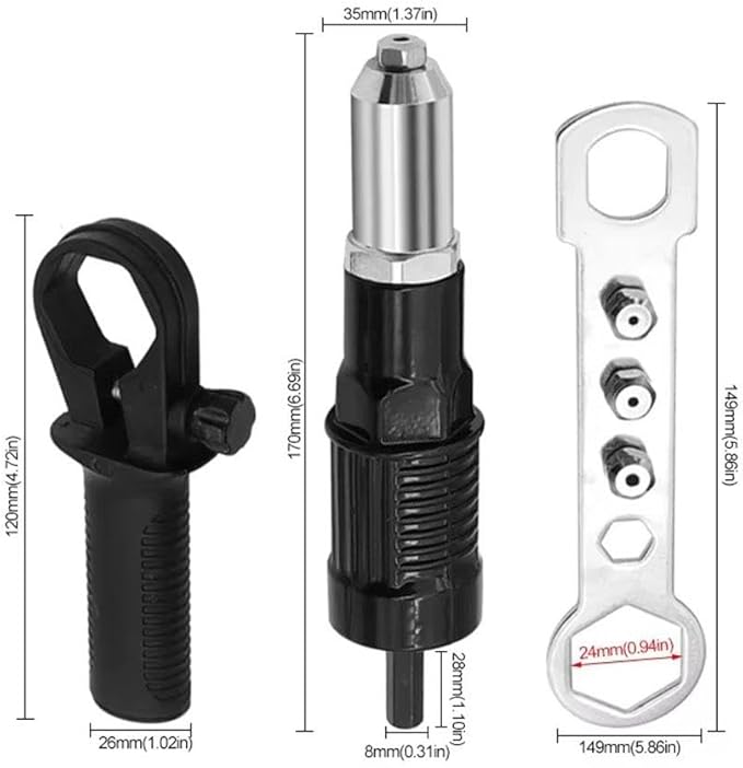 Professional Electric Rivet Gun Adapter Kit,2026 Pro-Grade Electric Rivet Gun Adapter with Removable Handle 4Rivet Heads for Cordless Screwdrivers and Drills Turn Your Drill into a Riveting Beas