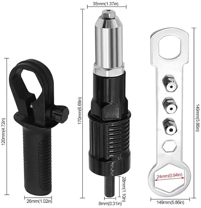 Professional Electric Rivet Gun Adapter Kit,2026 New PopElectric Rivet Gun Adapter Kit,Cordless Electric Drill Riveter Insert Nut Tool,Removable Handle 4 R-ivet Heads for Metal & Aluminum Work