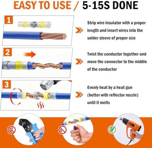 300PCS Waterproof Solder Seal Wire Connectors & 3:1 Heat Shrink Tubing with 1800W Heat Gun Kit 122℉~1202℉ Variable Temp 1.5S Fast Heating Overheat Protection for Auto Marine & Wiring Repair 10-26 AWG