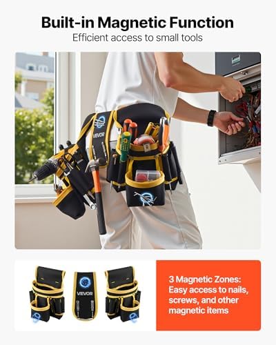VEVOR Tool Belt, Magnetic Tool Pouch for Men, 28 Pockets Heavy Duty Adjustable Utility Belt Detachable Work Bag for Electrician, Carpenter, Construction, Work Apron Organizer, Waist Adjust 31 to 48in