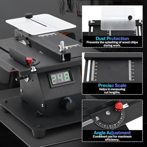 4-1 Mini Multi-functional Table Saw with Voltage LED Display and 7 Speed Adjustable, Mini Table Saw for Crafts with 10 Sanding Belts, 90° Adjustable Belt Sander, Dual Bench Grinder