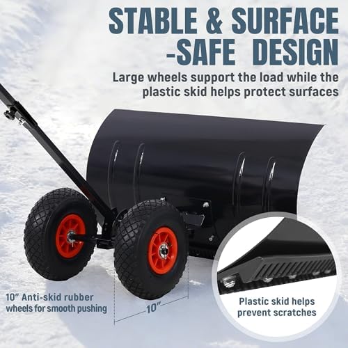 29" Push Snow Shovel with Wheels for Driveway, Heavy Duty Metal Wheeled Snow Pusher Hand Plow with Adjustable Angle & Height Ergonomic Handle for Snow Removable, 29"x14" Blade