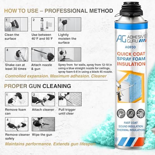 Adhesive Guru Heat Insulation Spray Foam (12x32.8 oz / 240 Board ft), Spray Foam Insulation, Bond Insulation Foam Spray, Polyurethane Self Expanding, Heat and Sound Insulation Foam - 12 Pack