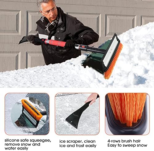 FOVAL 47.2" Extendable Ice Scraper Snow Brush with Squeegee for Windshield Window Car Trucks SUVs, 270° Pivoting Brush Head, Essential Winter Tool Ice Snow Remover with Comfortable Foam Grip