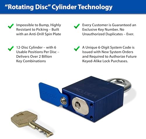 PACLOCK's 2-Series Padlock, High Security Rotating Disc, 5/16" Diameter Hard. Stainless Steel Shackle, 1-3/16" Tall, Exclusive Key Number, U-Pick! Keyed Alike w/ 1 Key, Blue