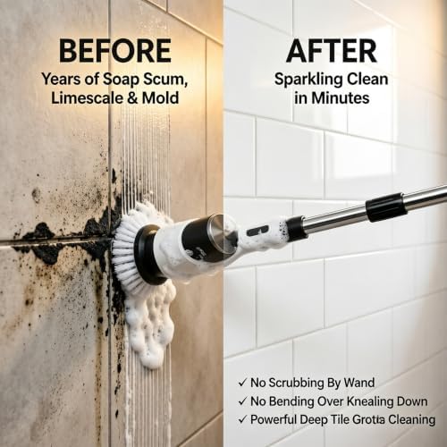 Electric Spin Scrubber for Bathroom, Cordless Power Scrubber with Extendable Handle, 3 Speeds, Digital Display and 8 Brush Heads for Shower, Bathtub, Tile, Grout, Floor and Kitchen, White