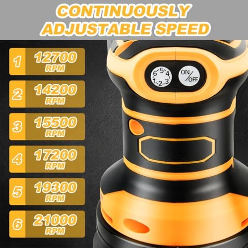 Brushless Random Orbit Sander 6 Adjustable Speed Electric Sander Compatible with Dewalt 20V Battery (No Battery) with Dust Bag 20 Sandpaper for Polishing, Sanding, Smoothing Surfaces