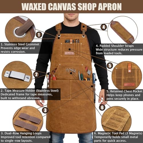 Geelu Woodworking Apron 16oz Waxed Canvas Work Aprons with 10 Tool Pockets Gifts for Woodworkers