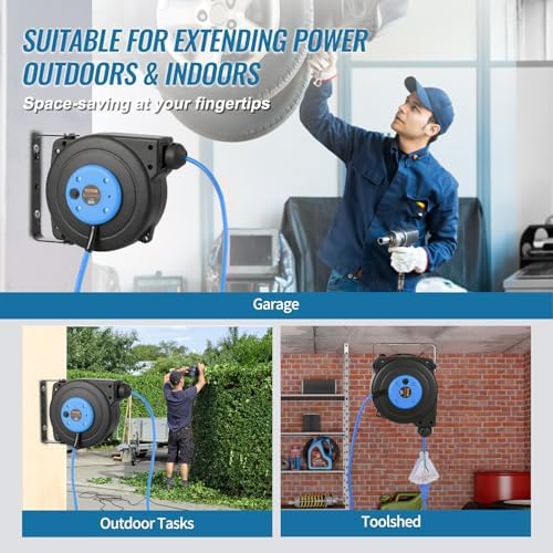 VEVOR 30FT Retractable Extension Cord Reel, 16AWG/3C SJTOW Heavy Duty Power Cord w/Lighted Electrical Triple Tap Outlets, 10A Circuit Breaker, 180° Swivel Bracket for Workshop or Garage, Blue