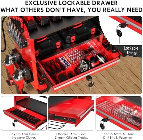KSVO Power Tool Organizer Wall Mount, Locking Drawers, Charging Shelf, Red