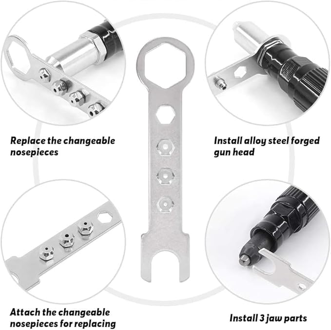 Pop Rivet Gun Tool, Professional Cordless Riveter Adapter Kit Riveter Nut Tool Drill Attachment for Cordless Electric Power Drill (4 Threaded Head Sizes: 2.4/3.2/4.0/4.8mm)