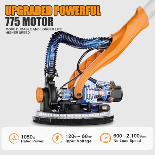 Drywall Sander, 1050W Electric Drywall Sander with Vacuum Dust Collection, 2100RPM Wall Sander with 7 Variable Speed, Foldable & Extendable Handle, Double-Deck LED Light, Dust Bag and Hose