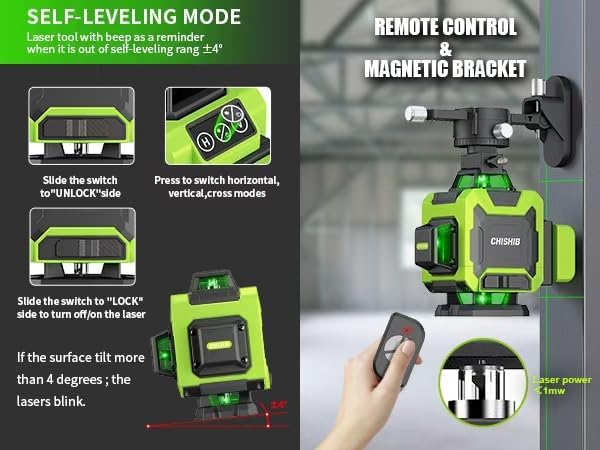 Laser Level with Tripod, Self Leveling Laser Level 4x360°, Green Line Laser 4D Laser Leveler Tool with 2Pcs Lithium Batteries for Picture Hanging, Tile, Home Renovation, Indoor