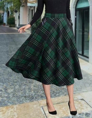 IDEALSANXUN Womens Plaid Wool Skirts Elastic Waist A-Line Pleated Tartan Long Skirts